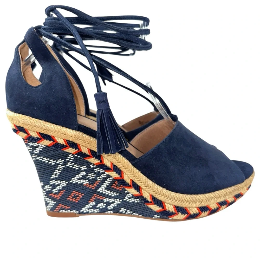 Cabi 6001 Women's US 6 Medium Navy Isla Wedge Ikat Suede Ankle Tie Sandals